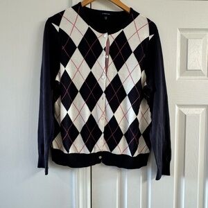 Lands End Navy Blue Pink & White Argyle Print Cardigan Large Petite 14-16